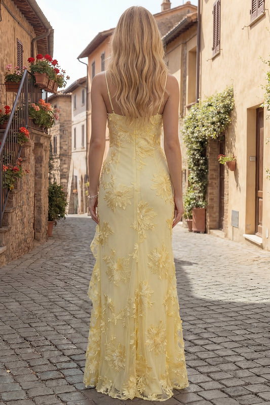Yellow Spaghetti Straps Long Mermaid Ruffled Floral Prom Dress with Slit