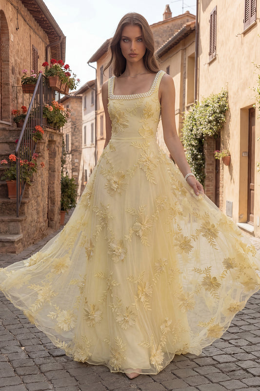 Yellow Floral Beaded A Line Square Neck Long Prom Dress