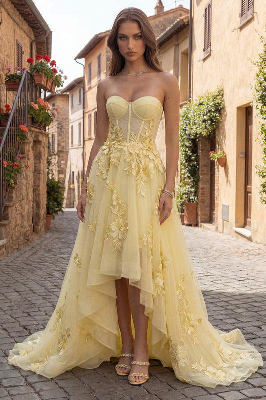 A Line Yellow Corset Floral Strapless High-Low Prom Dress with Ruffles