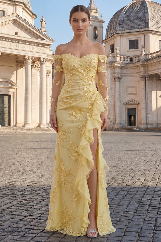 Yellow Floral Sheath Long Prom Dress with Ruffles