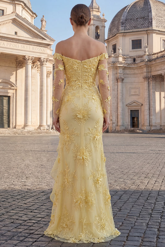 Yellow Floral Sheath Long Prom Dress with Ruffles