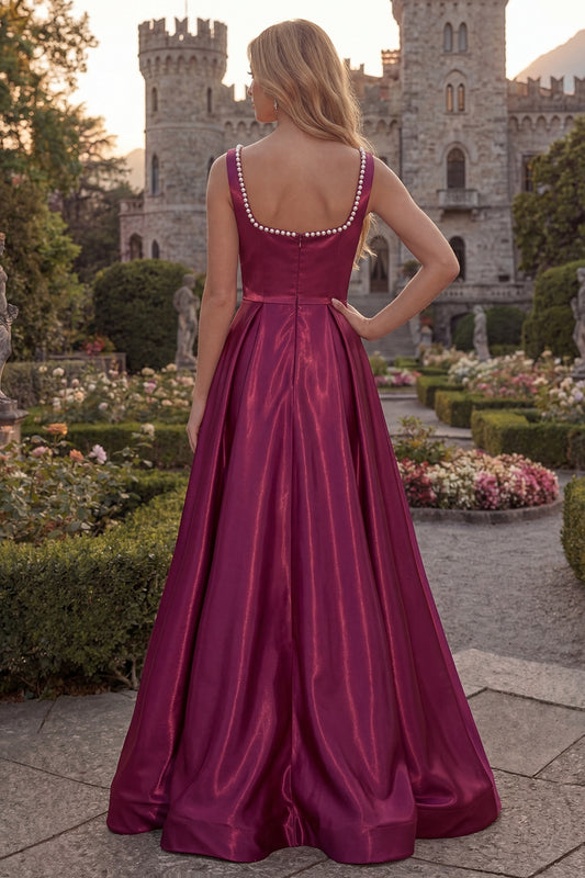 Simple Burgundy A Line Square Neck Long Prom Dress with Pearls