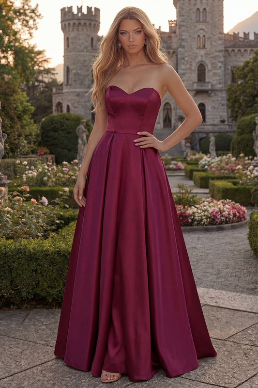 Simple Strapless Burgundy A Line Long Prom Dress