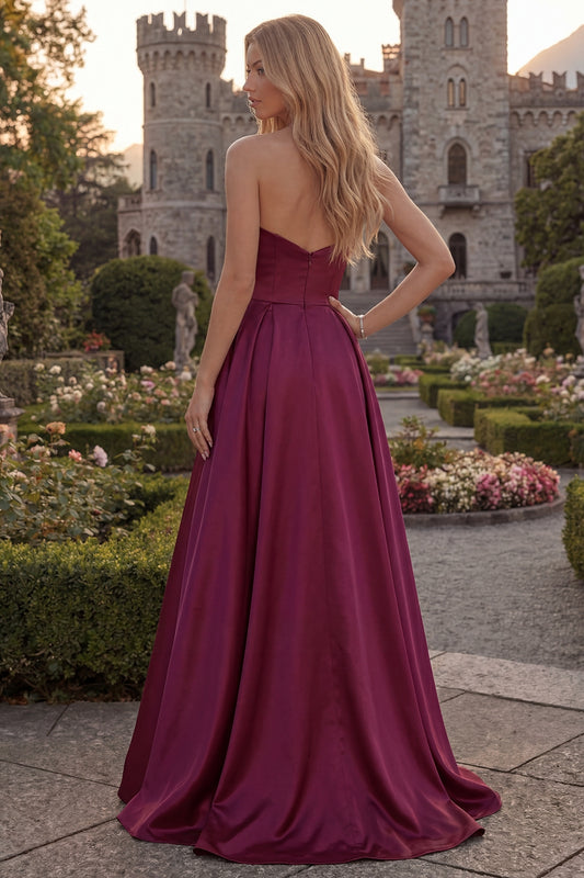 Simple Strapless Burgundy A Line Long Prom Dress