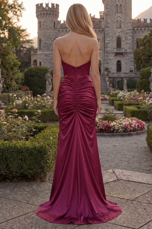 Burgundy Sheath Long Strapless Ruched Prom Dress with Slit
