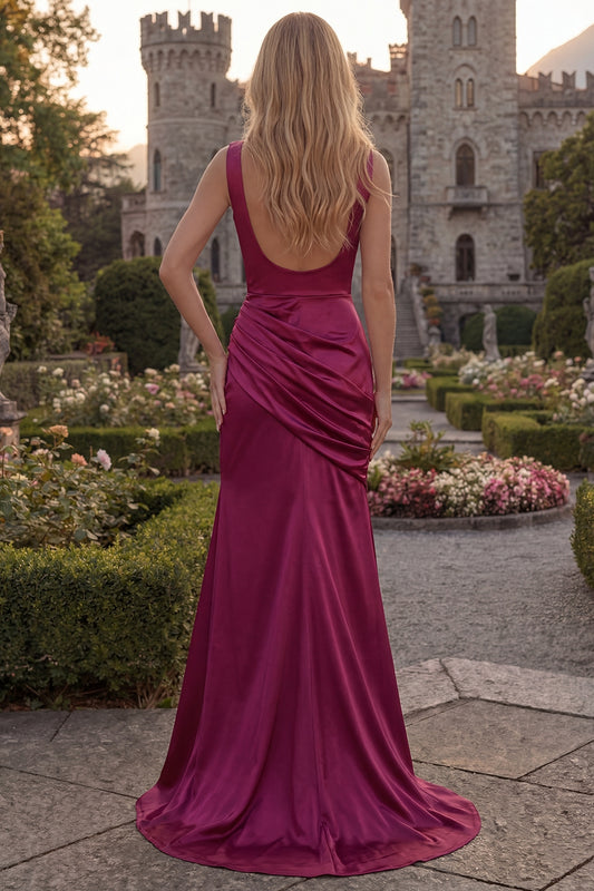 Long V-Neck Sheath Burgundy Ruched Prom Dress with Slit