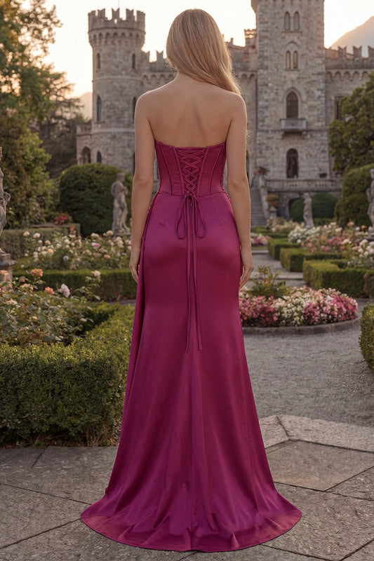 Long Corset Sheath Floral Burgundy Ruched Prom Dress with Slit