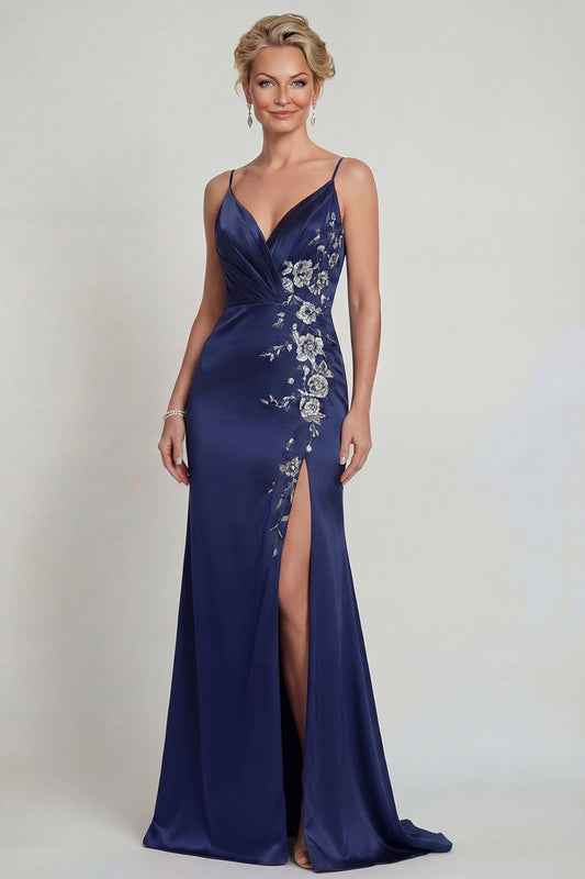 Navy Floral Satin Spaghetti Straps Mermaid Long Mother of the Bride Dress with Slit