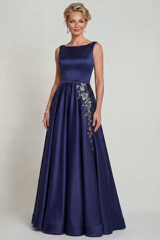 Boat Neck A Line Navy Floral Satin Beaded Long Mother of the Bride Dress