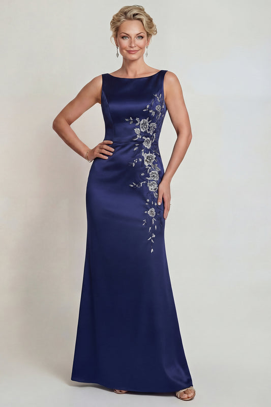 Boat Neck Mermaid Navy Floral Satin Long Mother of the Bride Dress