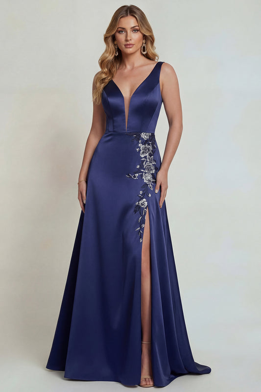 Navy Floral Satin V-Neck A Line Long Mother of the Bride Dress with Slit