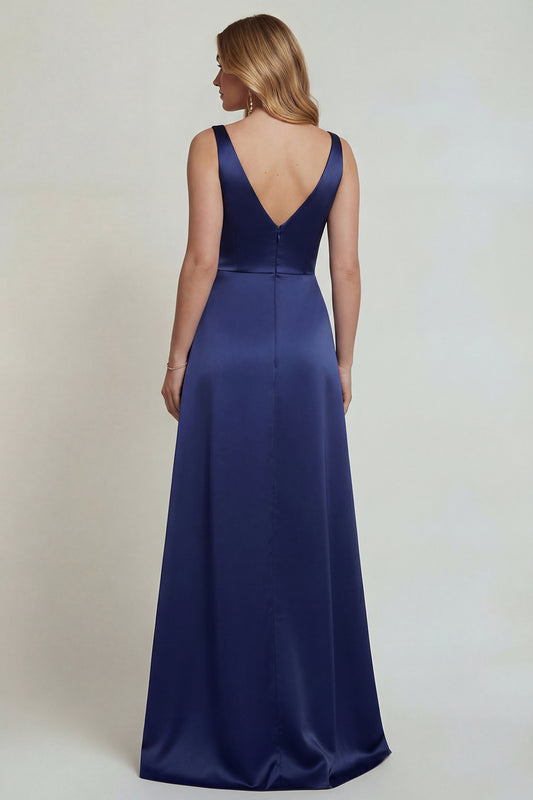 Navy Floral Satin V-Neck A Line Long Mother of the Bride Dress with Slit