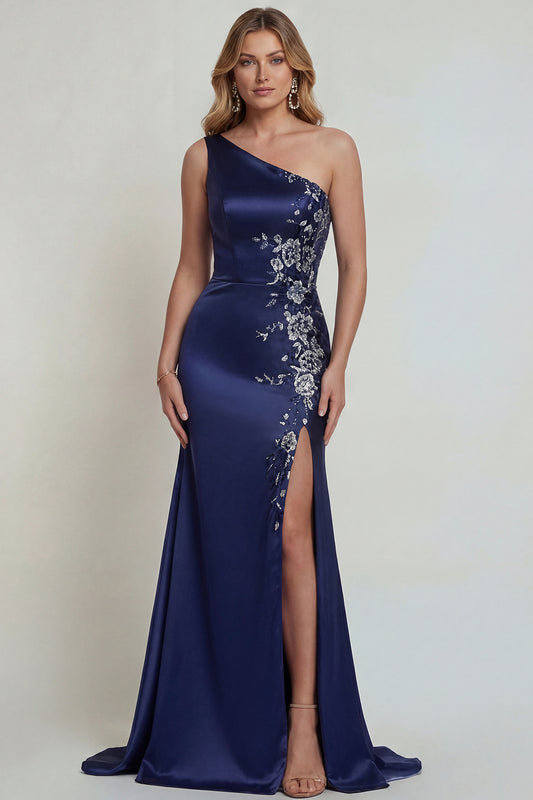 One Shoulder Mermaid Navy Floral Satin Long Mother of the Bride Dress with Slit