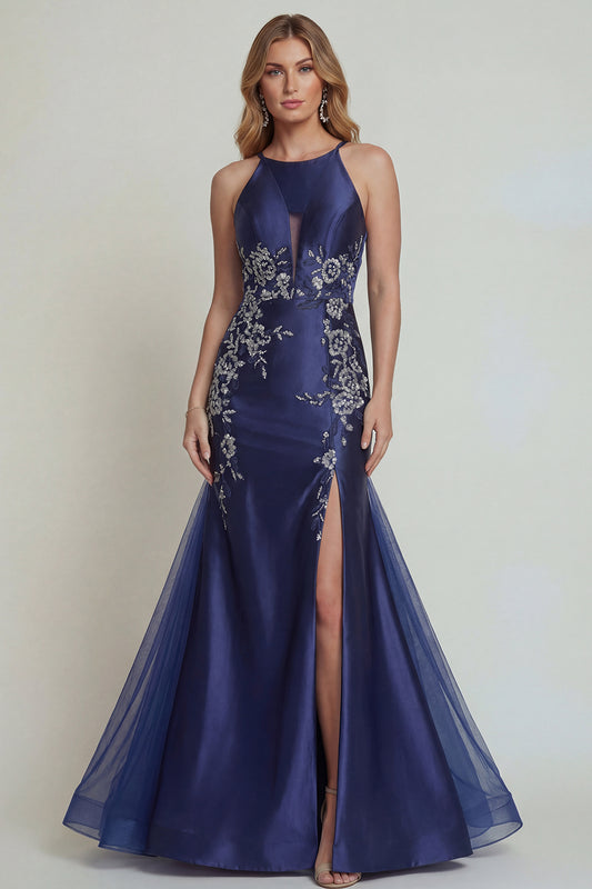 Navy Floral Satin Halter Mermaid Long Mother of the Bride Dress with Slit