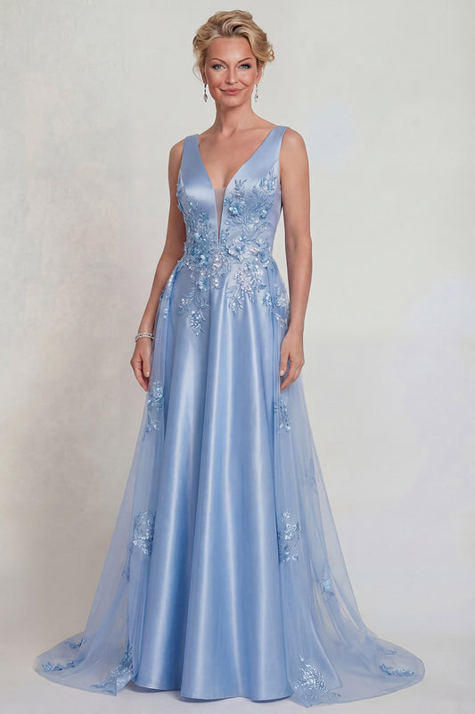 Sparkly Blue Floral Satin V-Neck A Line Long Mother of the Bride Dress