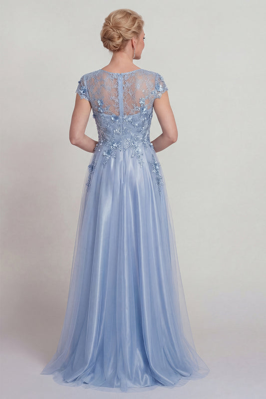 Sparkly Blue Floral Beaded A Line Long Mother of the Bride Dress with Sleeves