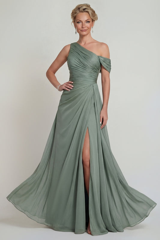 Dusty Sage Long A Line One Shoulder Mother of the Bride Dress with Slit