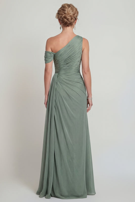 Dusty Sage Long A Line One Shoulder Mother of the Bride Dress with Slit