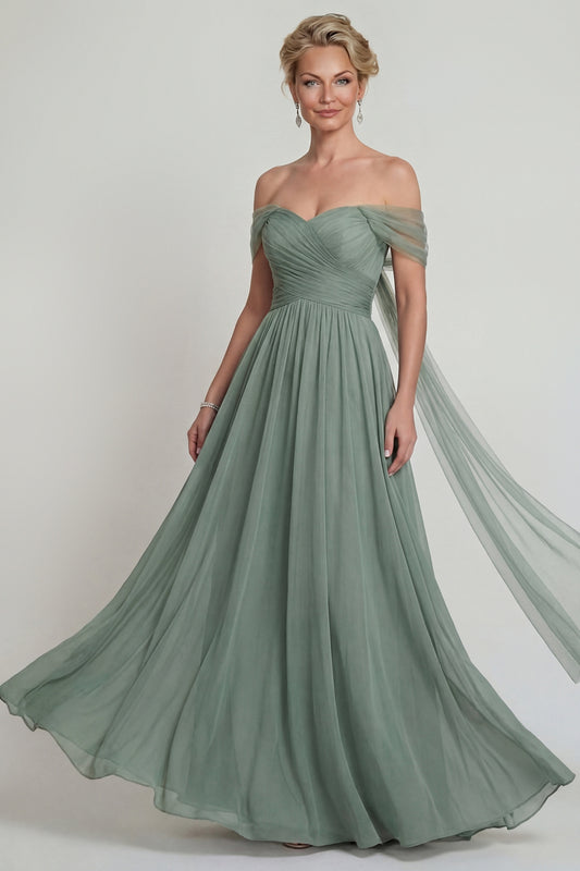 Dusty Sage Long A Line Off the Shoulder Mother of the Bride Dress