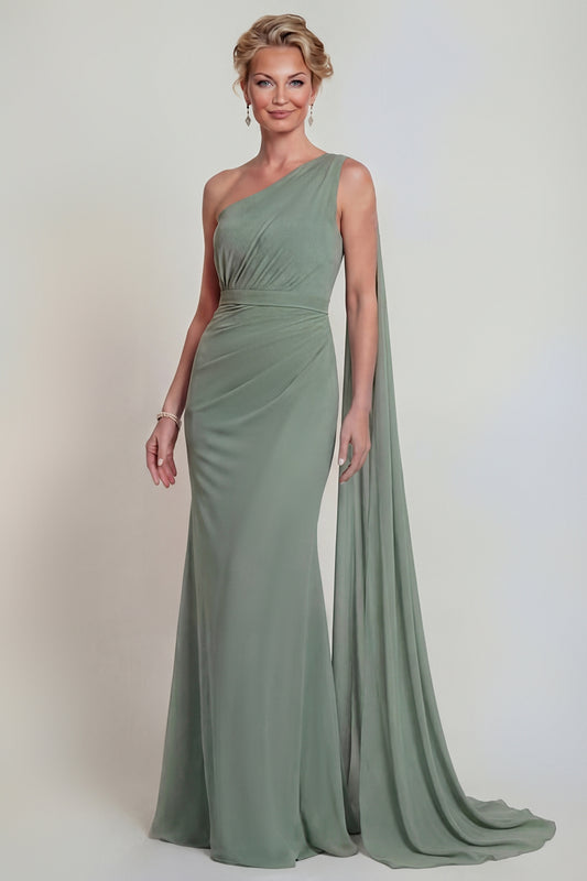 Dusty Sage Long Mermaid One Shoulder Mother of the Bride Dress
