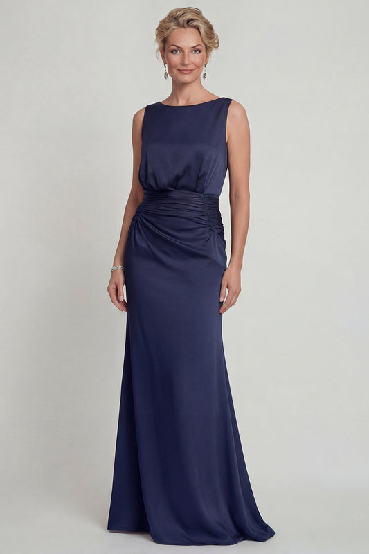 Navy Long Mermaid Bateau Neck Mother of the Bride Dress