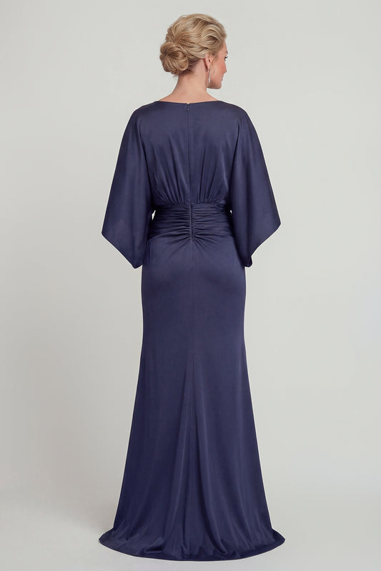Navy Long V Neck Mermaid Mother of the Bride Dress with Sleeves