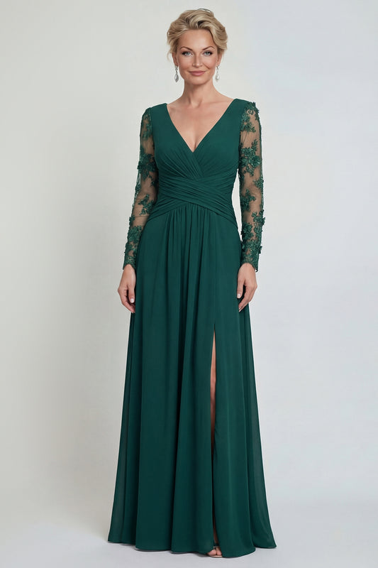 Dark Green Long A Line V Neck Mother of the Bride Dress with Sleeves