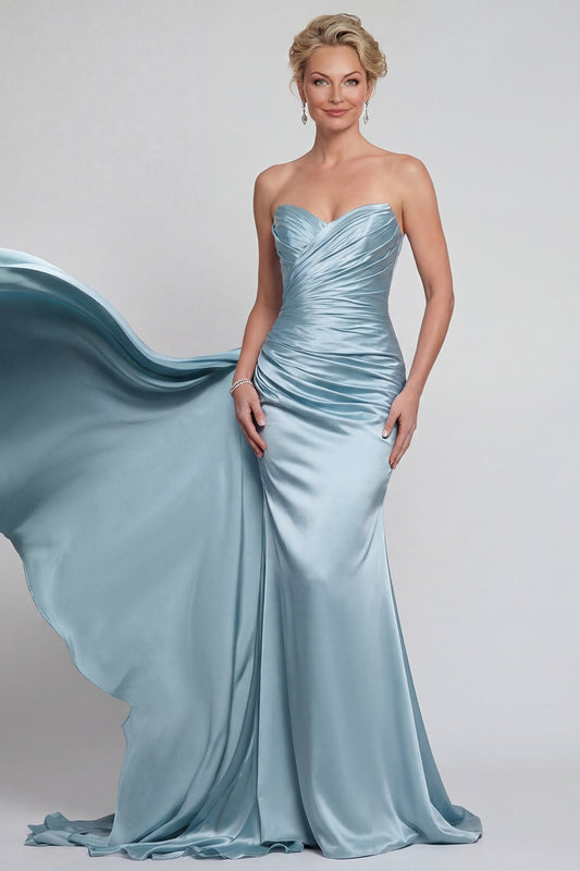 Blue Strapless Ruched Long Mermaid Mother of the Bride Dress with Side Cape