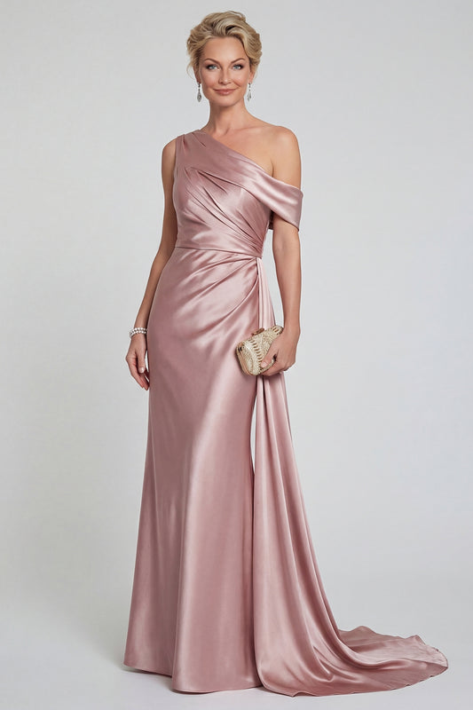 Blush Long One Shoulder Mermaid Mother of the Bride Dress with Side Cape