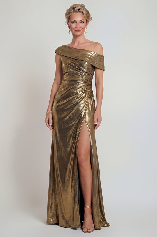Golden One Shoulder Long Metallic Mermaid Mother of the Bride Dress