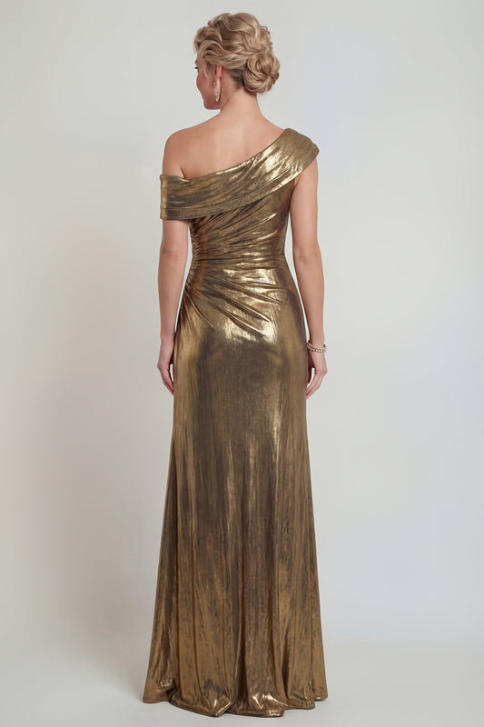 Golden One Shoulder Long Metallic Mermaid Mother of the Bride Dress