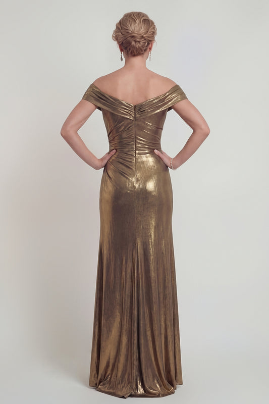 Golden Off the Shoulder Metallic Long Mermaid Mother of the Bride Dress