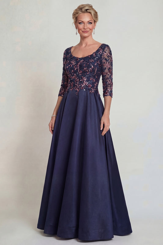 Sparkly Navy Scoop Neck Long A Line Mother of the Bride Dress with Lace