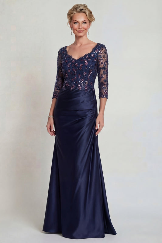 Sparkly Burgundy Long Floral Mermaid V Neck Mother of the Bride Dress