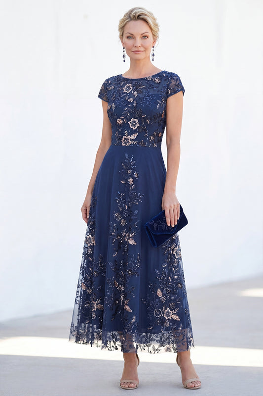 Sparkly Navy Midi A Line Boat Neck Floral Mother of the Bride Dress