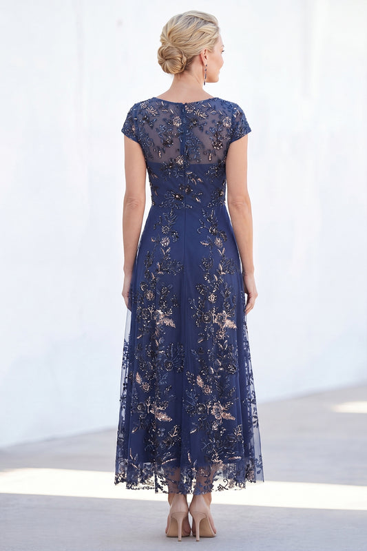Sparkly Navy Midi A Line Boat Neck Floral Mother of the Bride Dress
