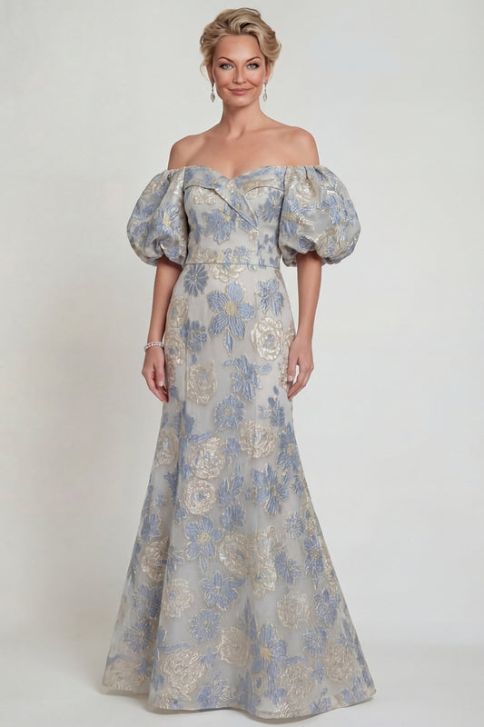 Dusty Blue Long Mermaid Floral Off the Shoulder Mother of the Bride Dress