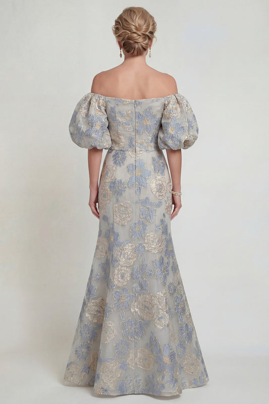 Dusty Blue Long Mermaid Floral Off the Shoulder Mother of the Bride Dress