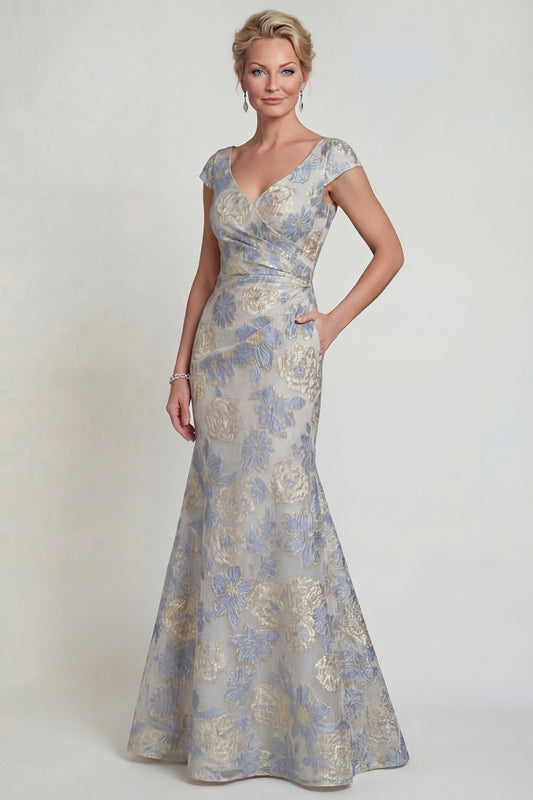 Dusty Blue Cap Sleeves Long Mermaid Floral Mother of the Bride Dress