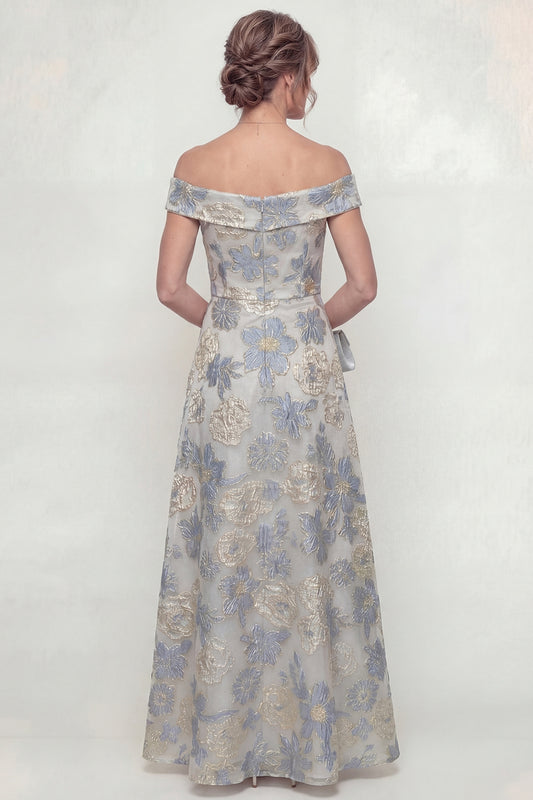 Dusty Blue Off the Shoulder Floral A Line Long Mother of the Bride Dress