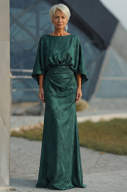 Pine Floral Sheath Jacquard Long Mother of the Bride Dress with Sleeves