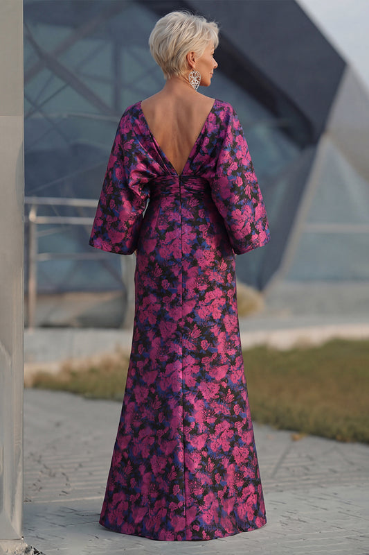 Floral Fuchsia Sheath Ruched Long Mother of the Bride Dress with Sleeves
