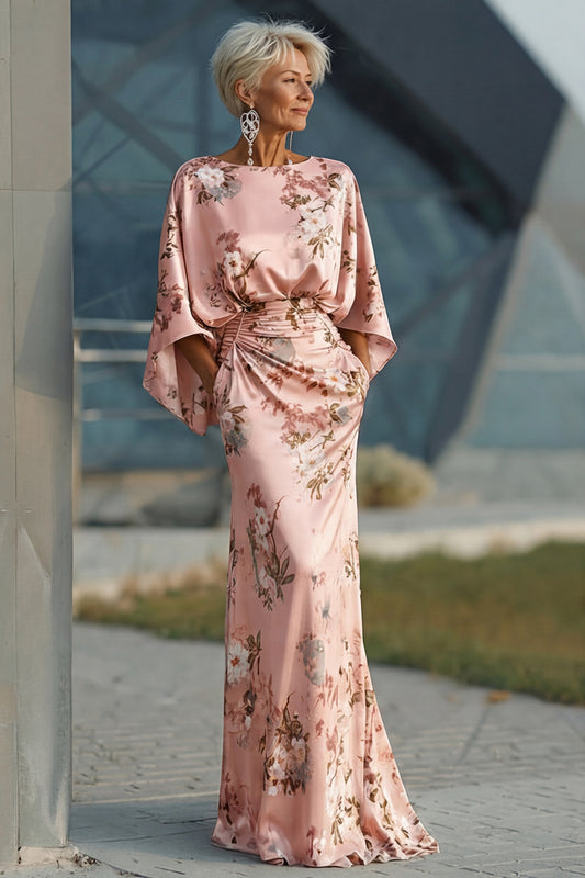 Floral Dusty Rose Long Mother of the Bride Dress with Sleeves Satin Ruched Boat Neck Backless Sheath Mother of the Groom Dress with Pockets