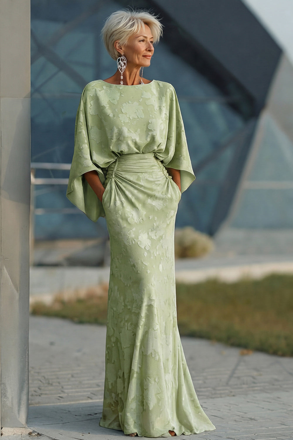 Zapaka Women Sage Green Floral Mother of the Bride Dress Flared Sleeves Boat Neck Sheath Long Wedding Guest Dress, Sage Green / custom