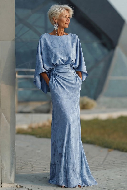 Zapakasa Women Floral Dusty Blue Boat Neck Long Mother of the Bride Dress with Sleeves Ruched Sheath Backless Mother of the Groom Dress with Pockets