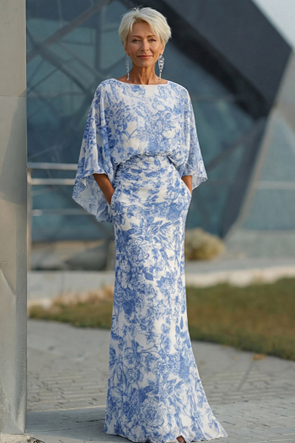 Floral White Blue Sheath Boat Neck Long Mother of the Bride Dress with Pockets