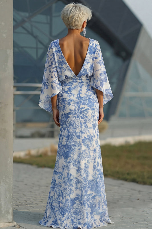 Floral White Blue Sheath Boat Neck Long Mother of the Bride Dress with Pockets