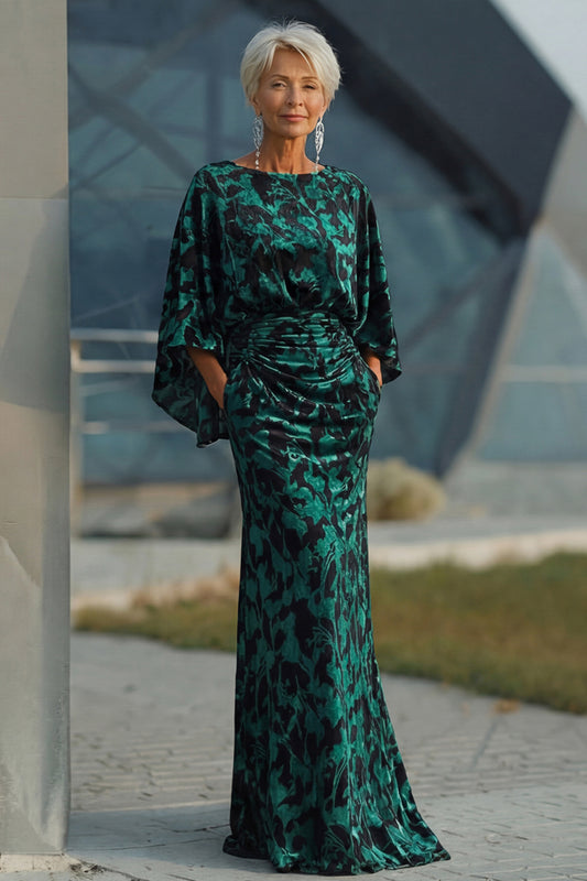 Floral Peacock Blue Boat Neck Velvet Sheath Long Mother of the Bride Dress with Pockets