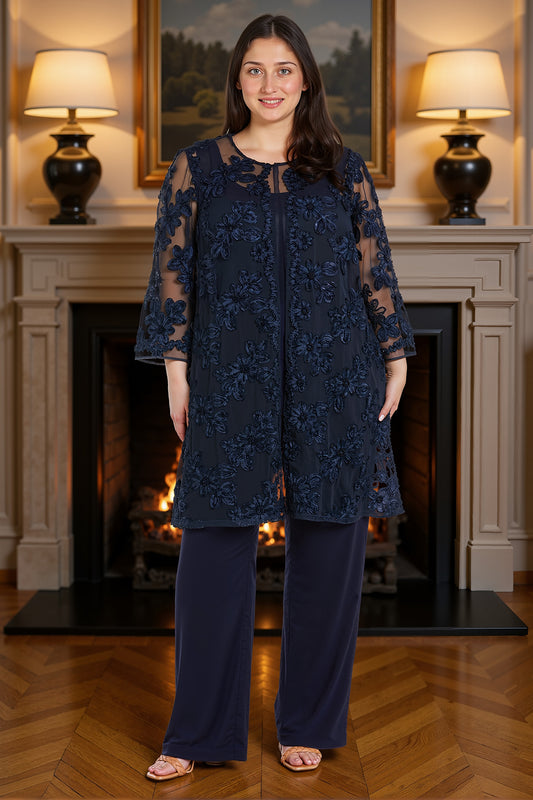 Navy 2 Piece 3/4 Sleeves Lace Mother of the Pant Suits