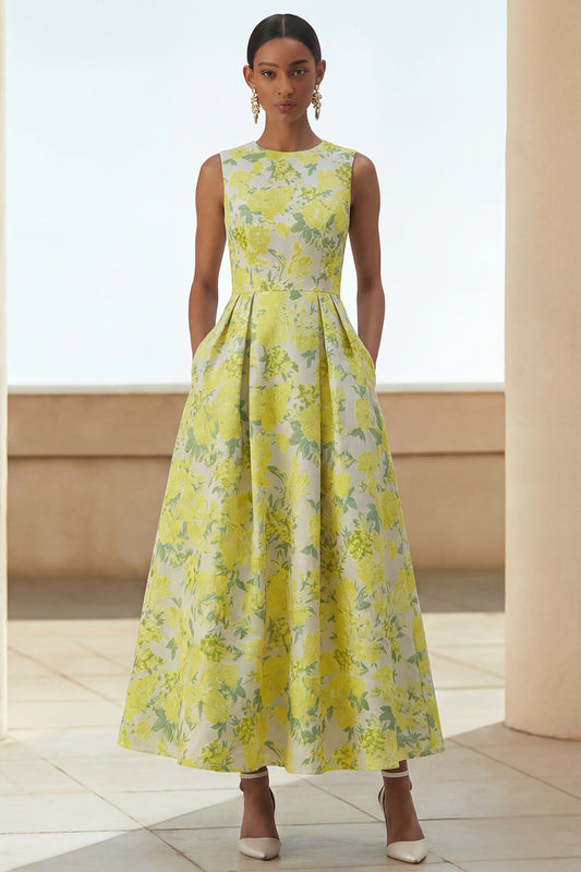 Daffodil A Line Round Neck Maxi Floral Wedding Guest Dress